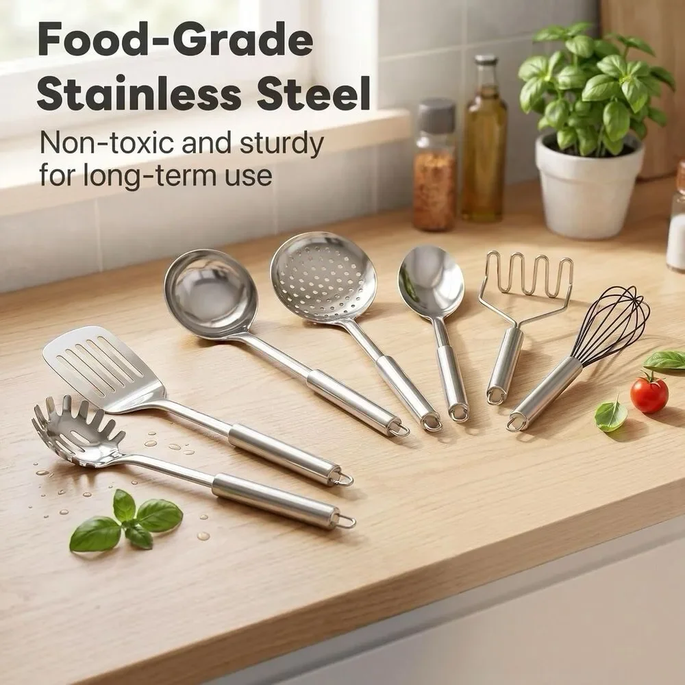 8 Pc Metal Cooking Utensils Set Heat Resistant Dishwasher Safe Kitchen Tools